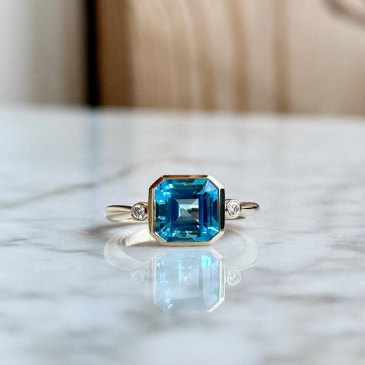 14K Yellow Gold Swiss Blue Topaz and Diamond Ring