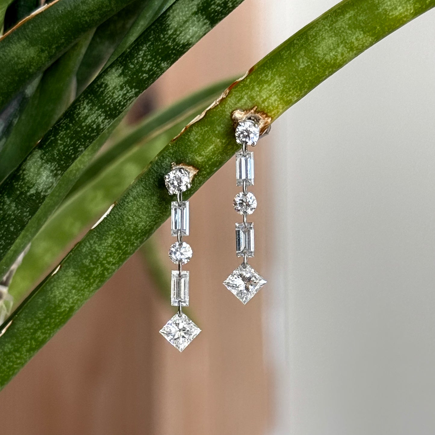 14K White Gold Floating Baguette, Princess and Round Diamond Earrings