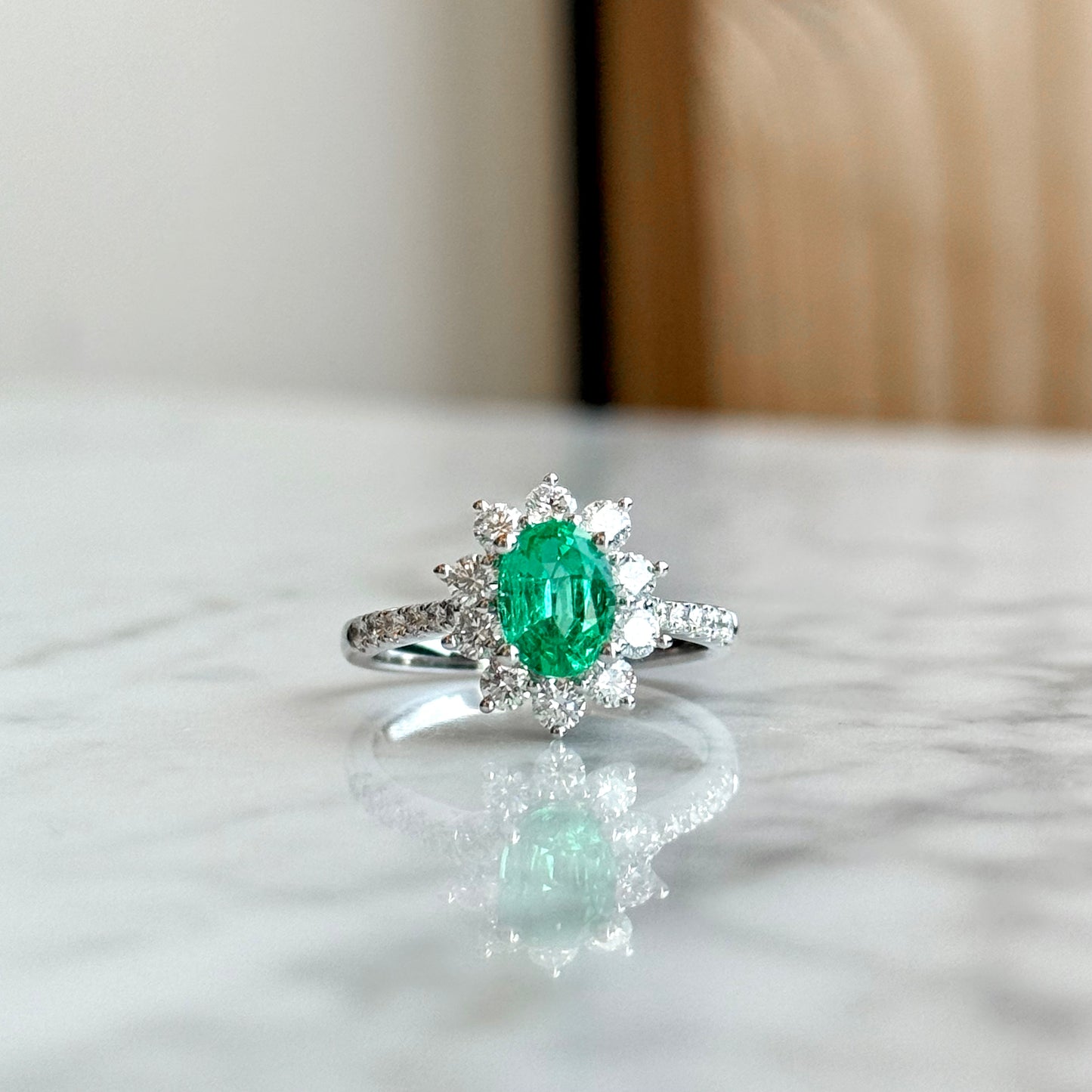 18K White Gold Emerald and Diamond Halo Ring