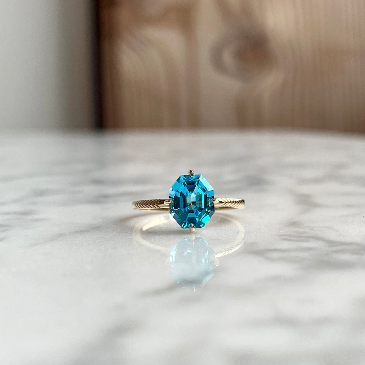 14K Yellow Gold Octagon Blue Topaz Ring