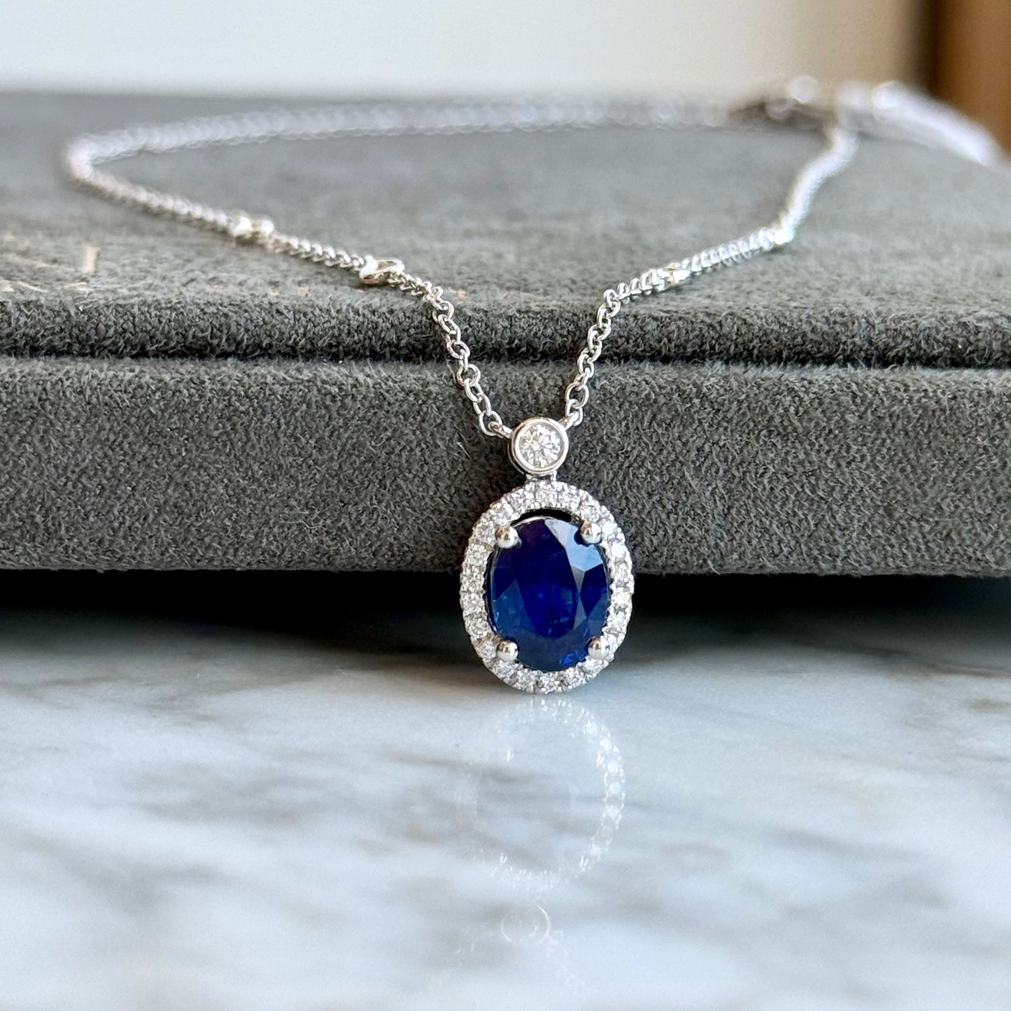 18K White Gold Sapphire and Diamond Halo Necklace