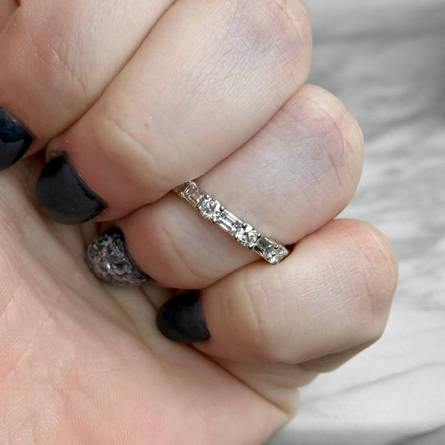 14K White Gold Baguette and Round Diamond Band