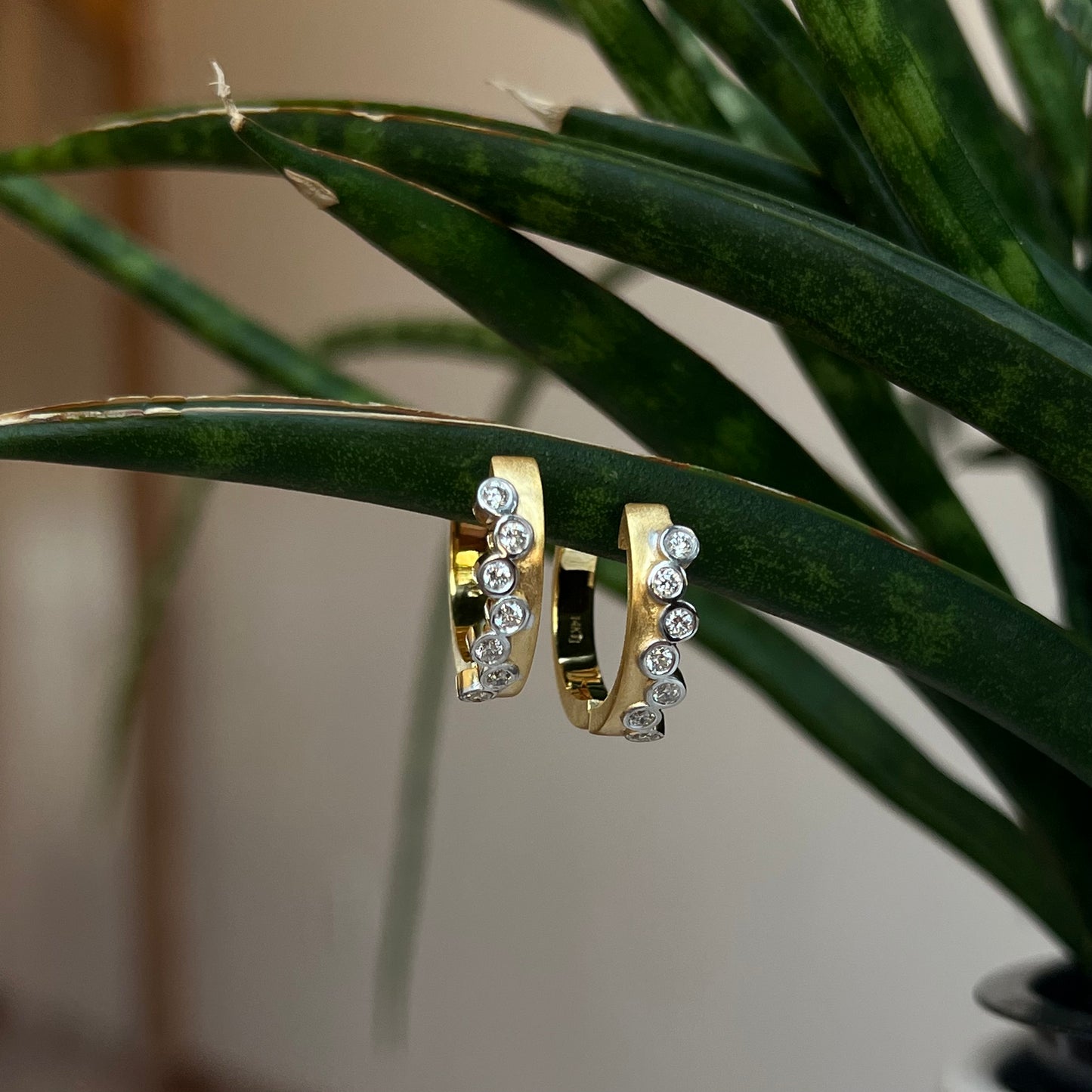 14K Yellow Gold Staggared Bezel Asymmetrical Diamond Hoop Earrings