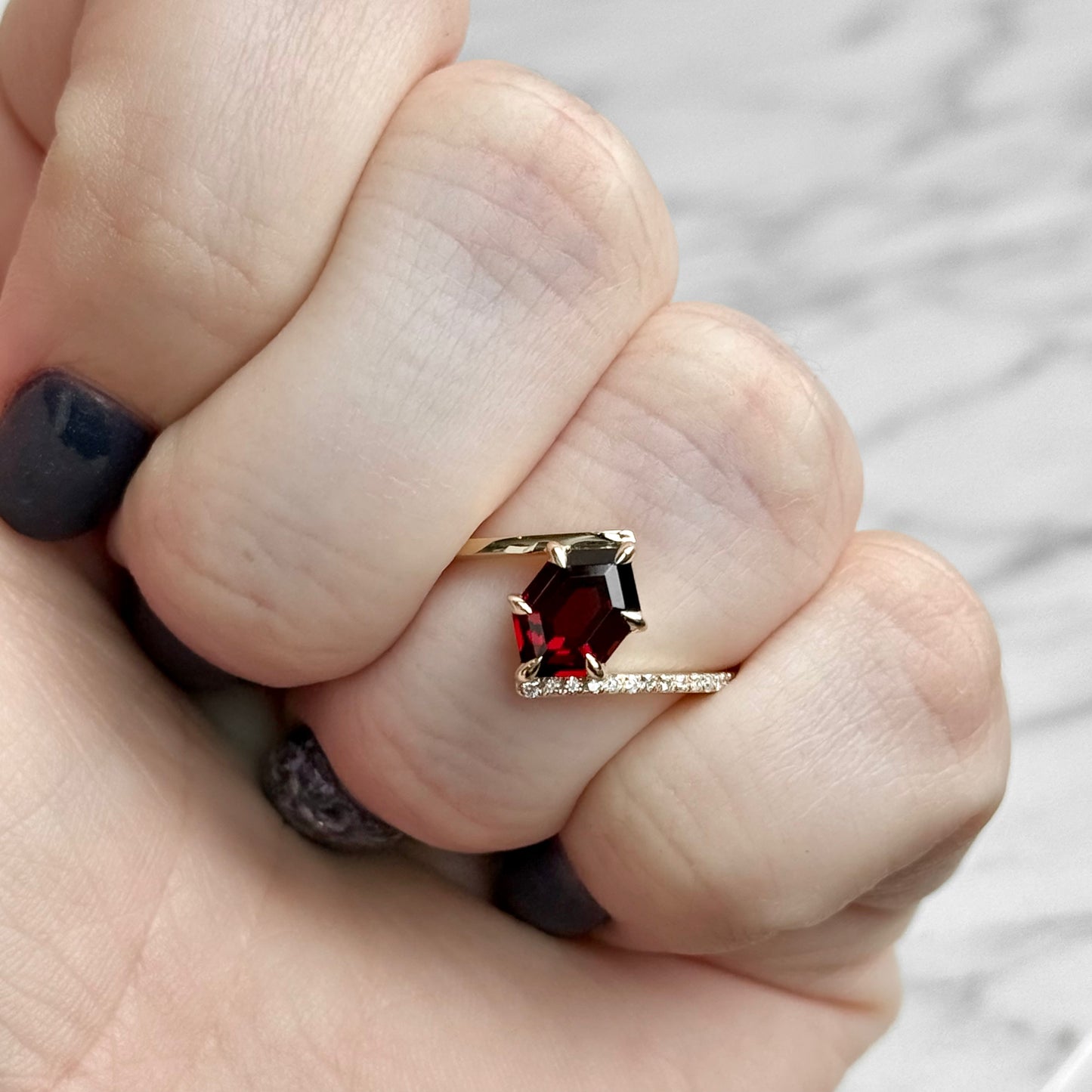 14K Yellow Gold Garnet and Diamond Bypass Ring