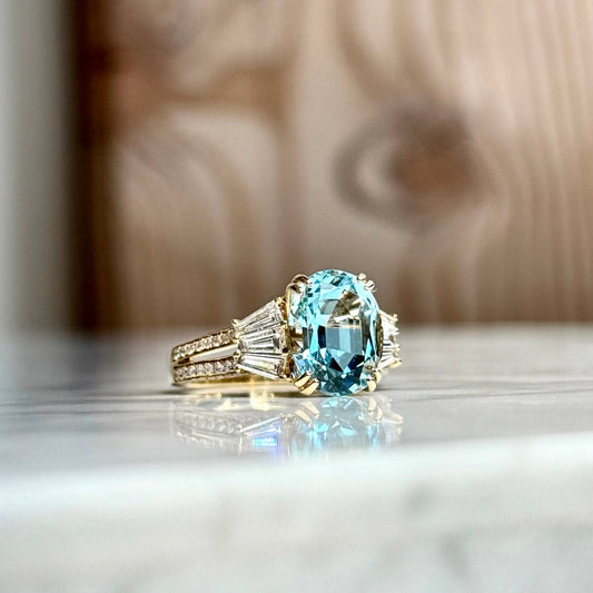 18K Yellow Gold Three Stone Inspired Aquamarine and Diamond Ring
