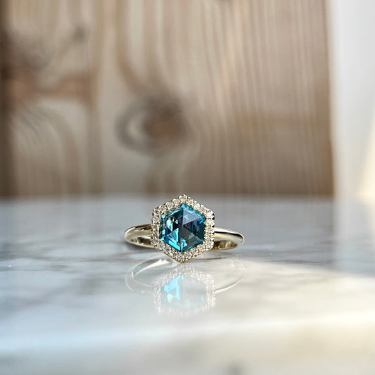 14K Yellow Gold Blue Topaz and Diamond Halo Ring