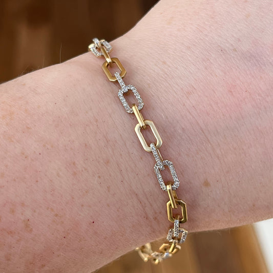 14K Matte Yellow Gold Diamond Paperclip Link Bracelet