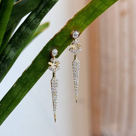 14K Yellow Gold Diamond "Daggar" Dangle Earrings