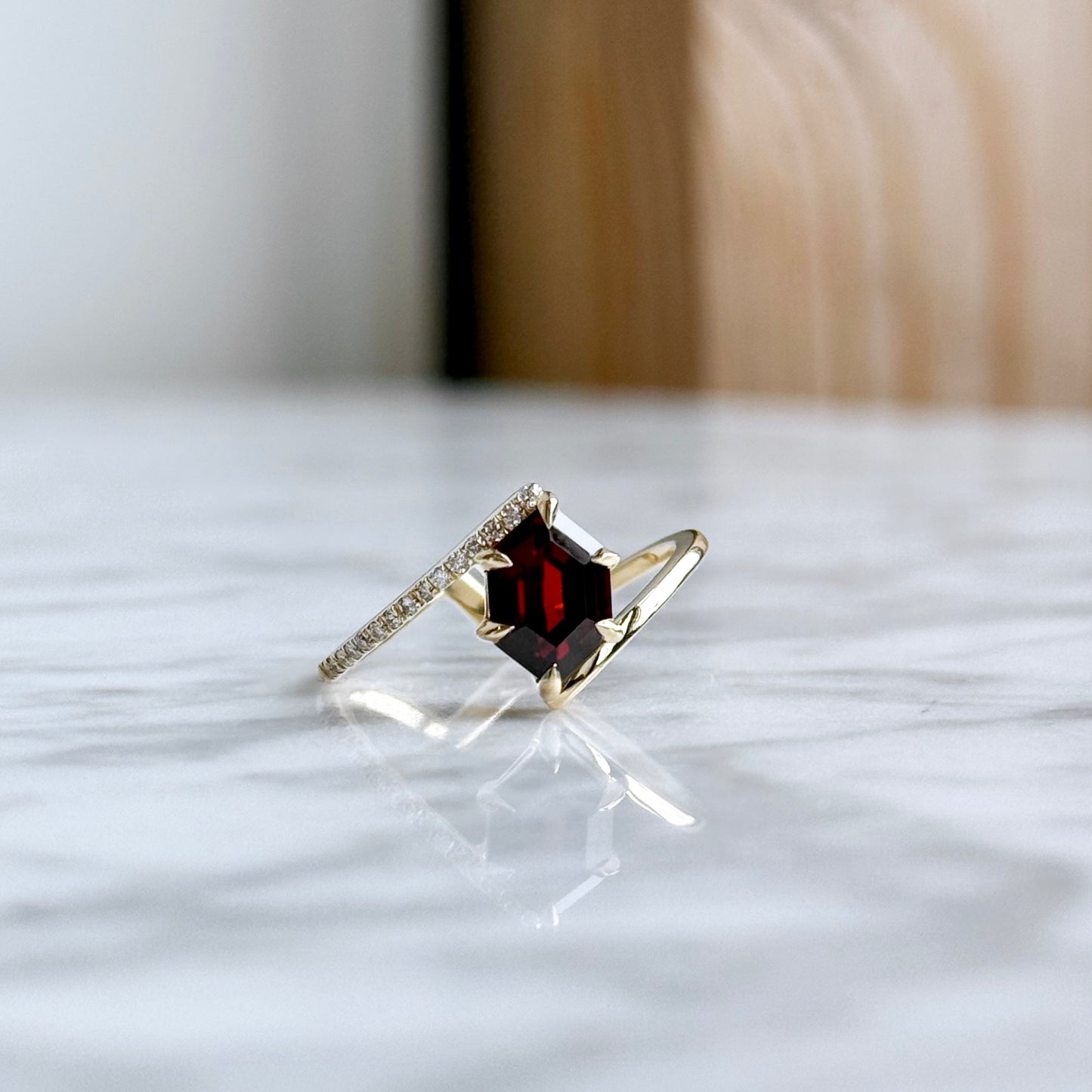 14K Yellow Gold Garnet and Diamond Bypass Ring