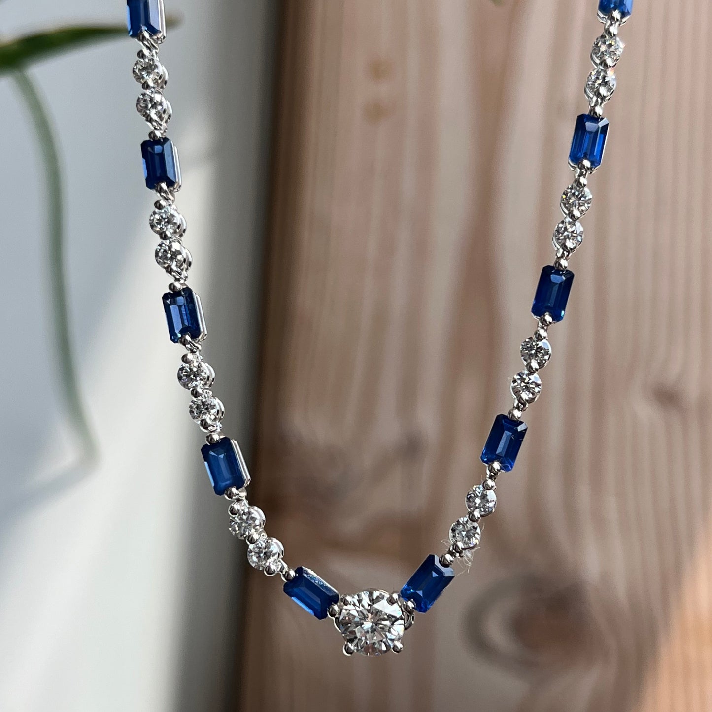 14K White Gold Diamond and Sapphire Riviera Necklace