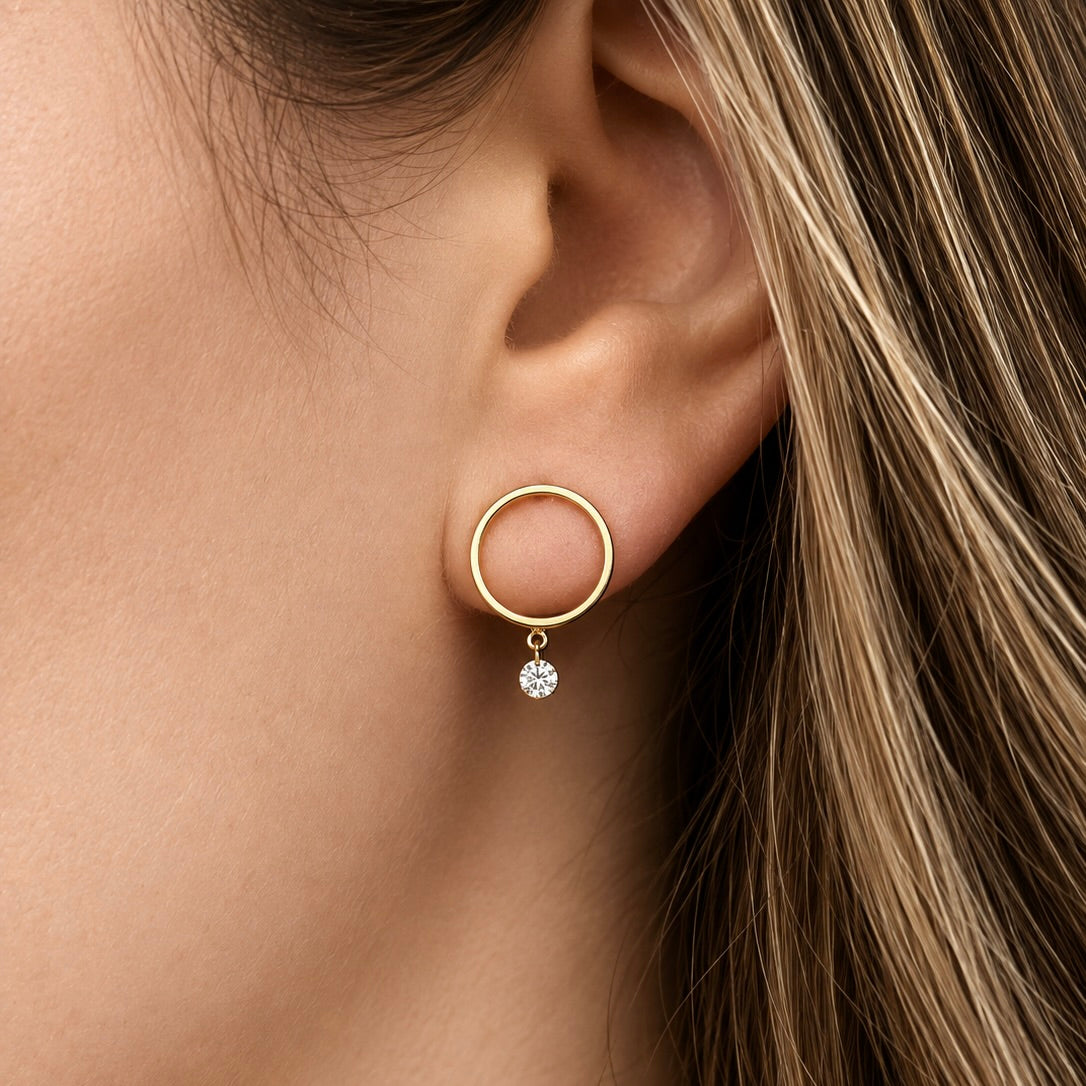 14K Gold Mini Floating Diamond Front Round Hoop Earrings