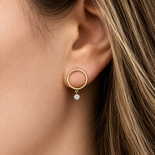 14K Gold Mini Floating Diamond Front Round Hoop Earrings