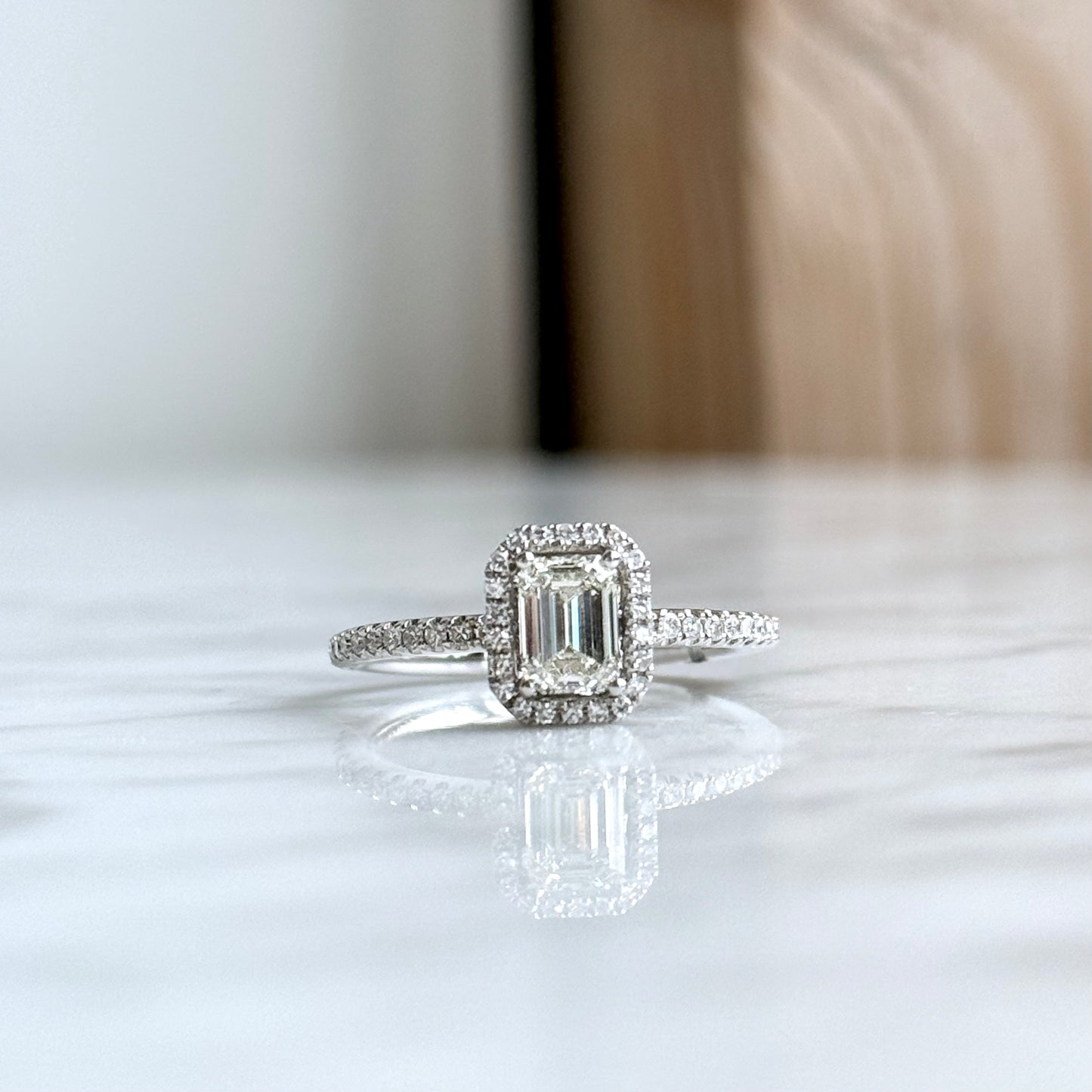 Platinum Natural Emerald Diamond Halo Engagement Ring