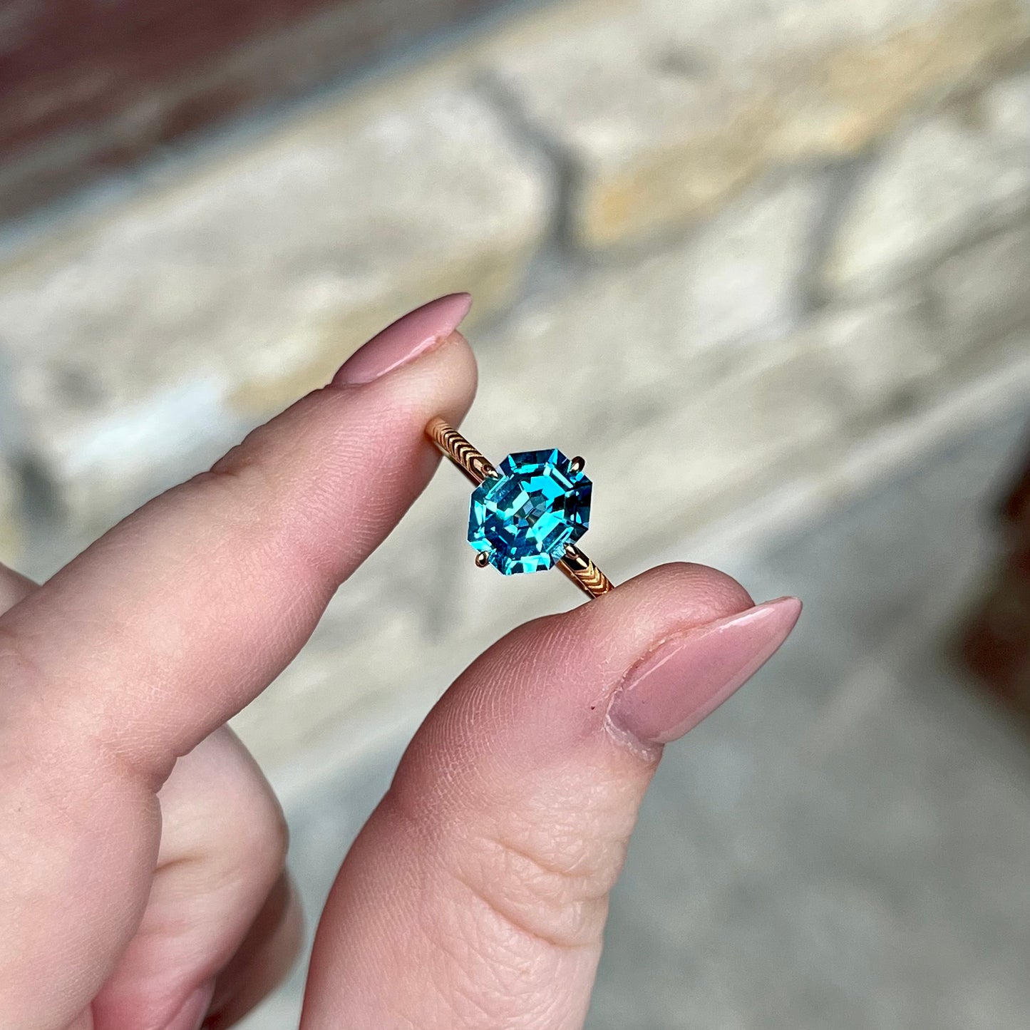 14K Yellow Gold Octagon Blue Topaz Ring