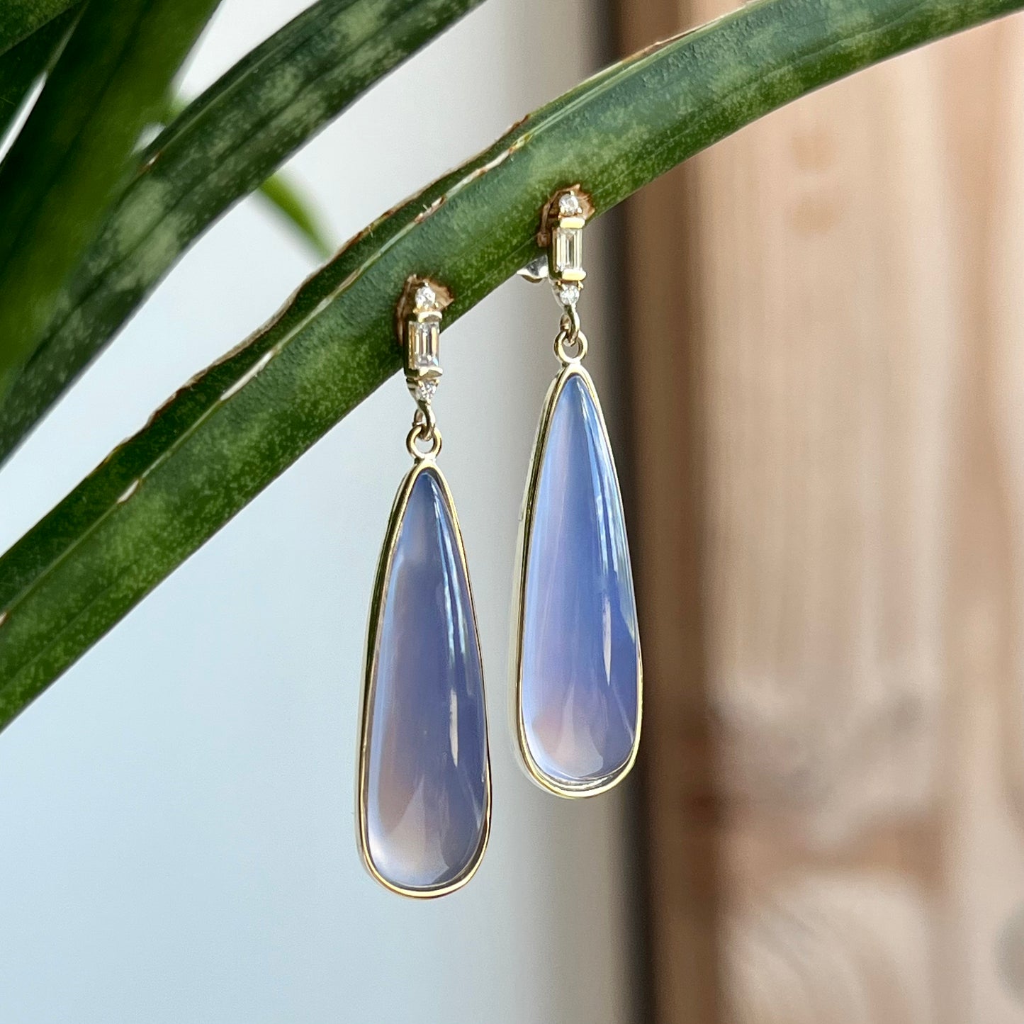14K Yellow Gold Chalcedony and Diamond Earrings