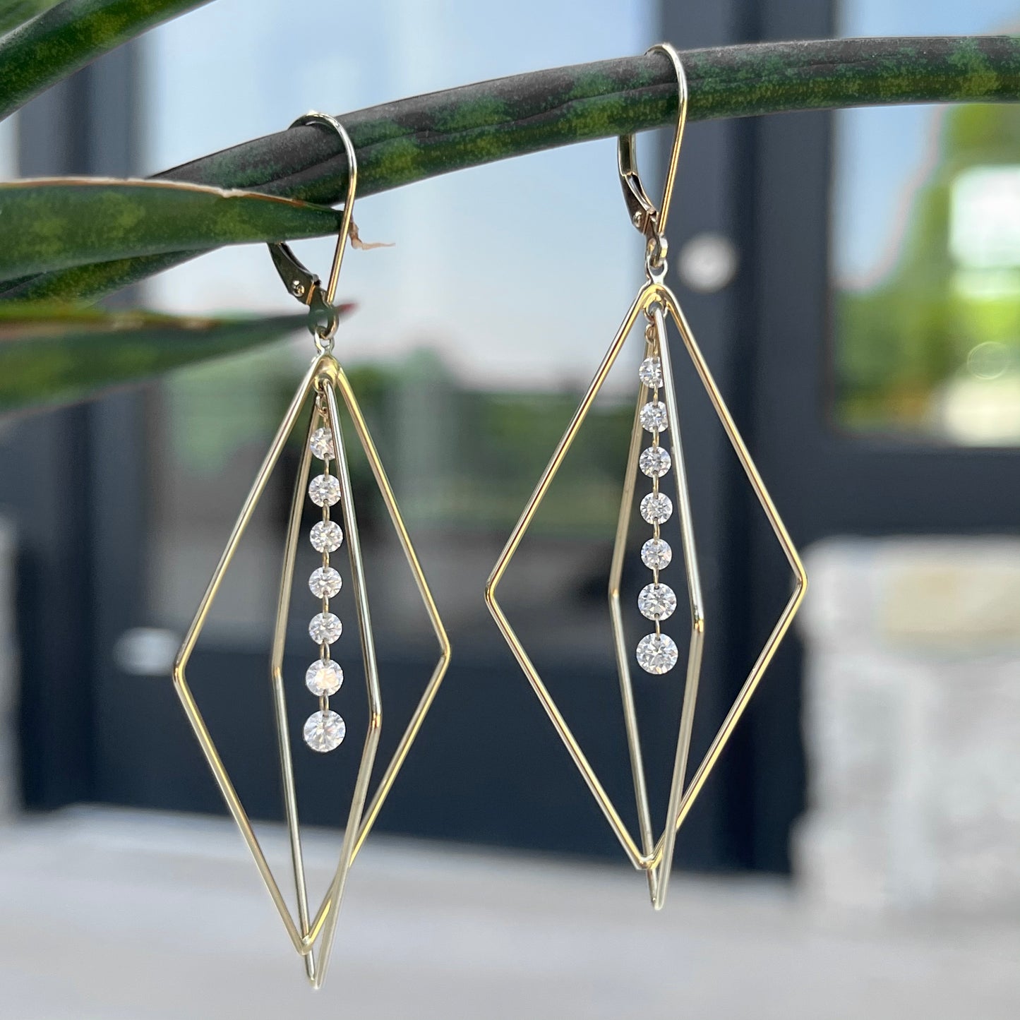 14K Yellow Gold Floating Diamond Dangle Geometric Earring