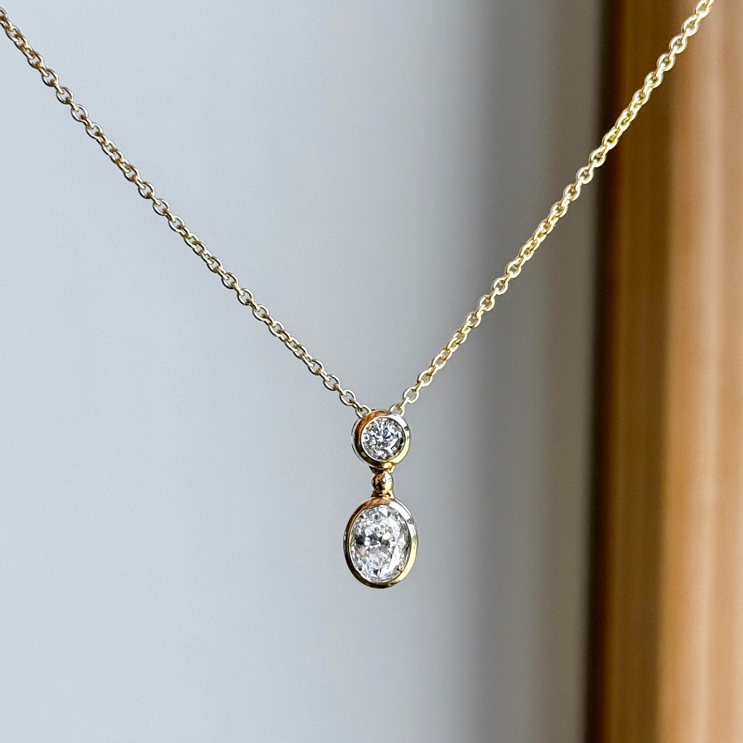 14K Yellow Gold Oval and Round Diamond Necklace