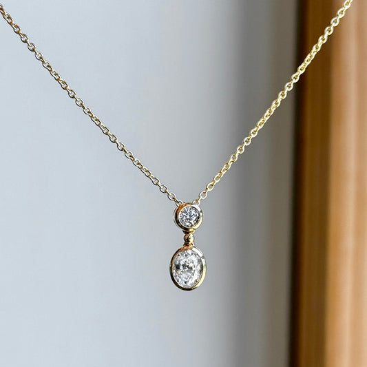 14K Yellow Gold Oval and Round Diamond Necklace