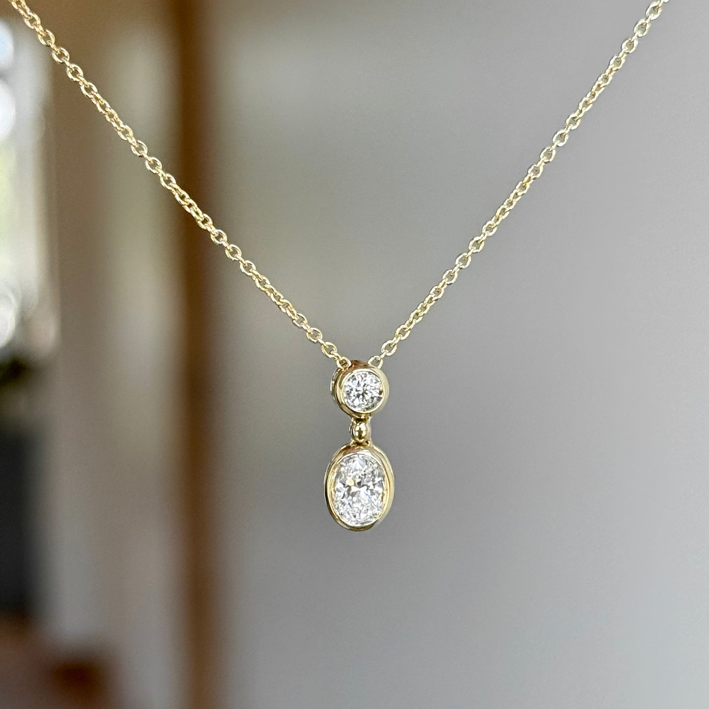 14K Yellow Gold Oval and Round Diamond Necklace