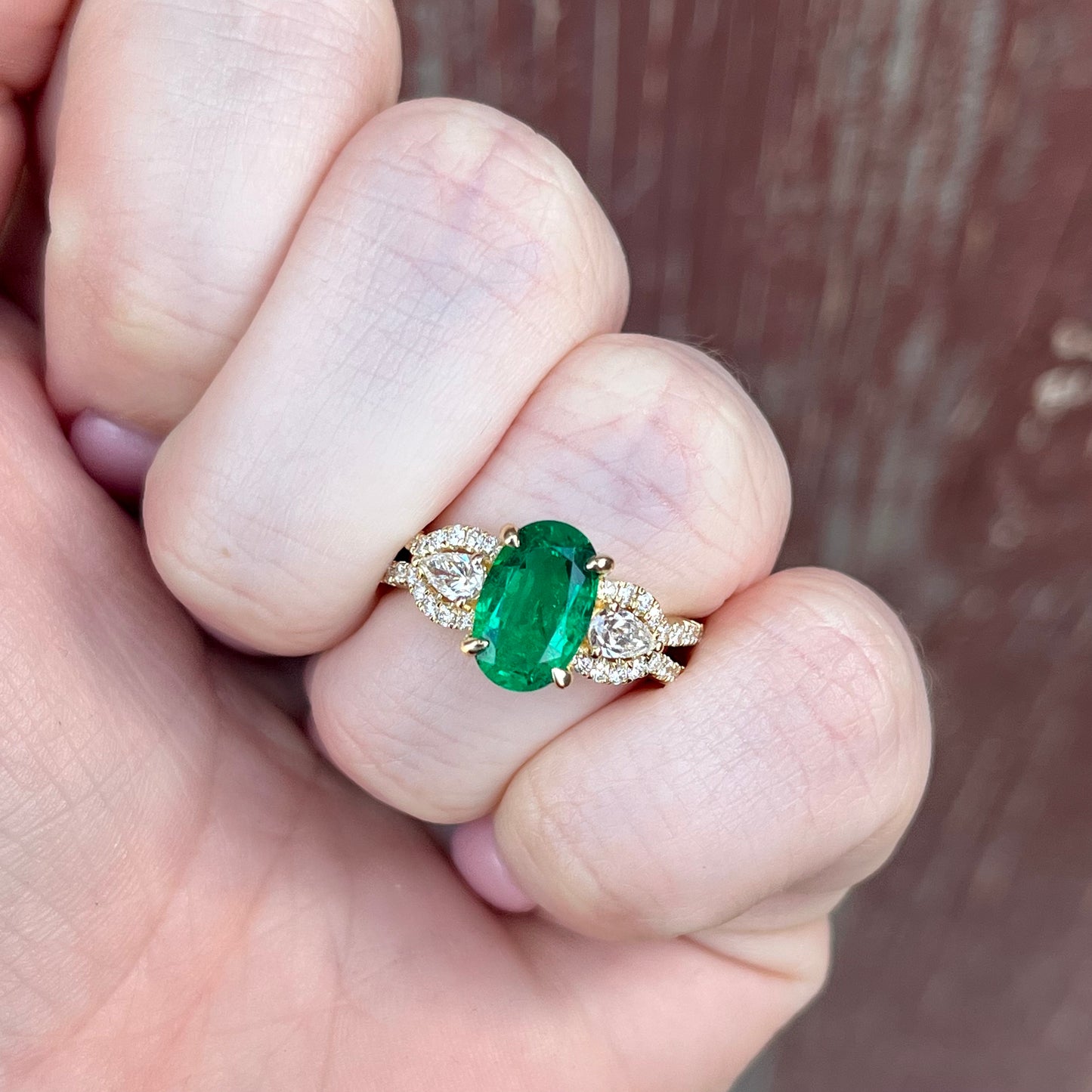 14K Yellow Gold Three Stone Emerald and Diamond Ring