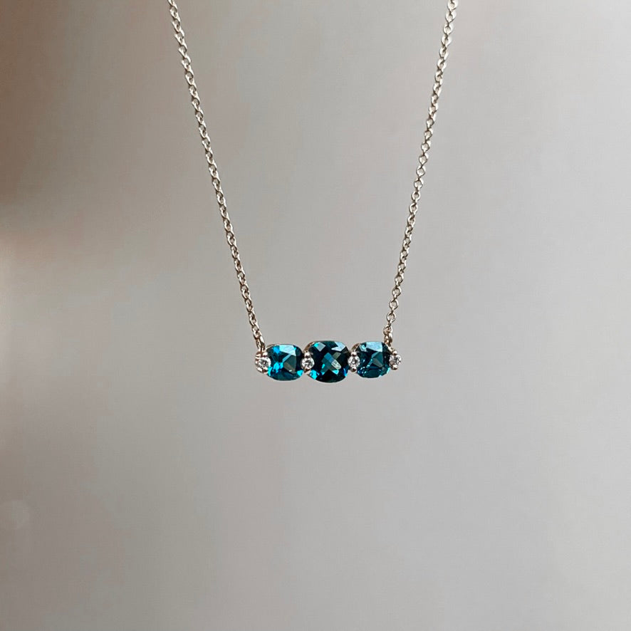 14K Rose Gold London Blue Topaz and Diamond Three Stone Bar Necklace