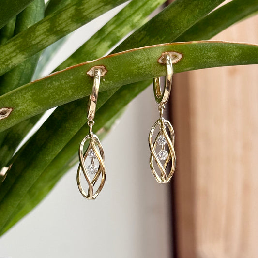 14K Yellow Gold "Mini" 3D Floating Diamond Dangle Earrings