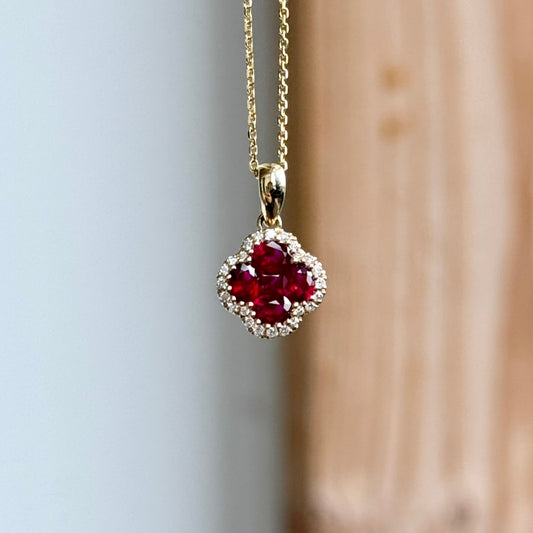 14K Yellow Gold Ruby "Clover" and Diamond Halo Necklace
