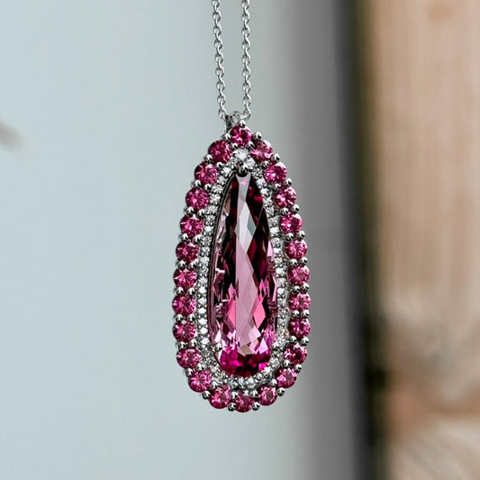 14K White Gold Pink Tourmaline, Pink Spinel, and Diamond Double Halo Necklace