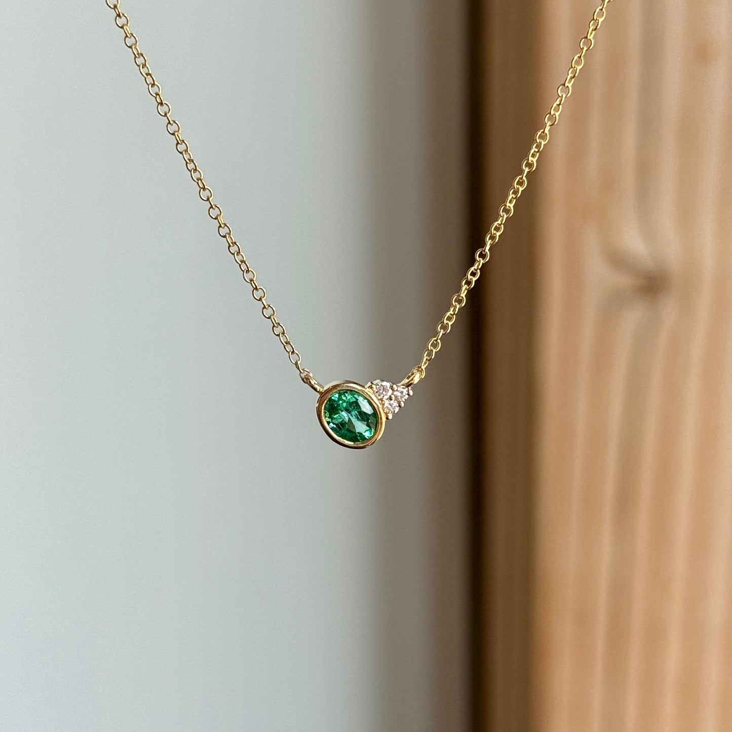 14K Yellow Gold Emerald and Diamond Asymmetrical Necklace
