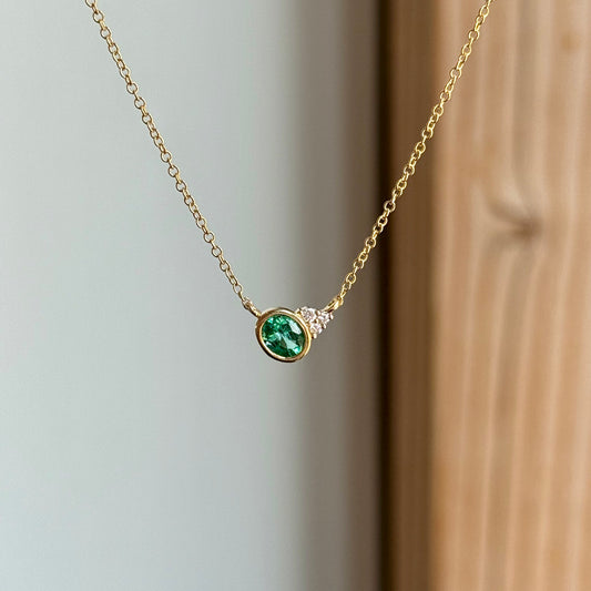 14K Yellow Gold Emerald and Diamond Asymmetrical Necklace
