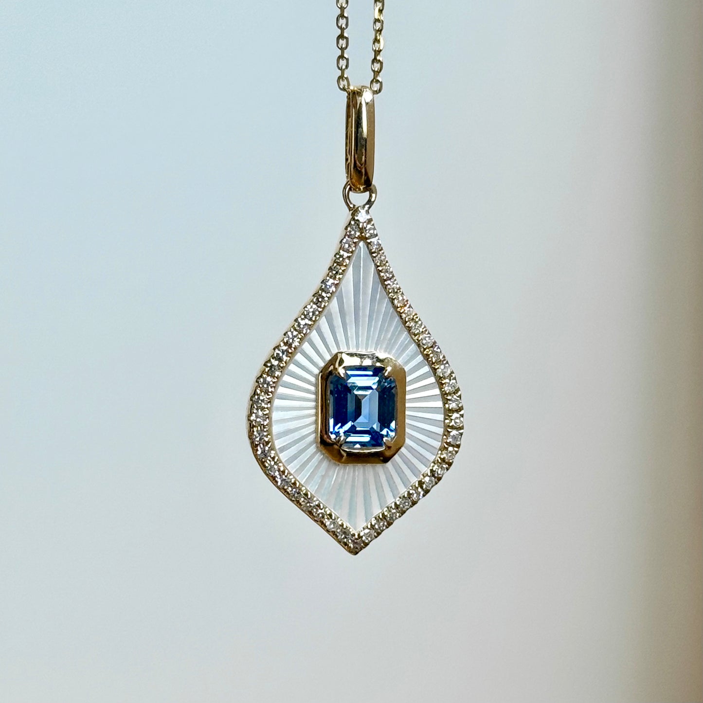 14K Yellow Gold Blue Sapphire, Mother-of-Pearl, and Diamond Halo Necklace