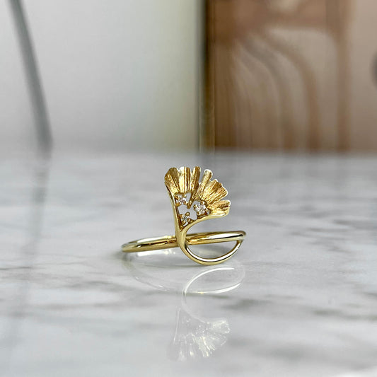 18K Yellow Gold Diamond Gingko Leaf Ring 03/100CTW