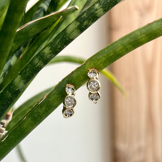 14K Yellow Gold Diamond Huggie Three Stone Hoop Earrings