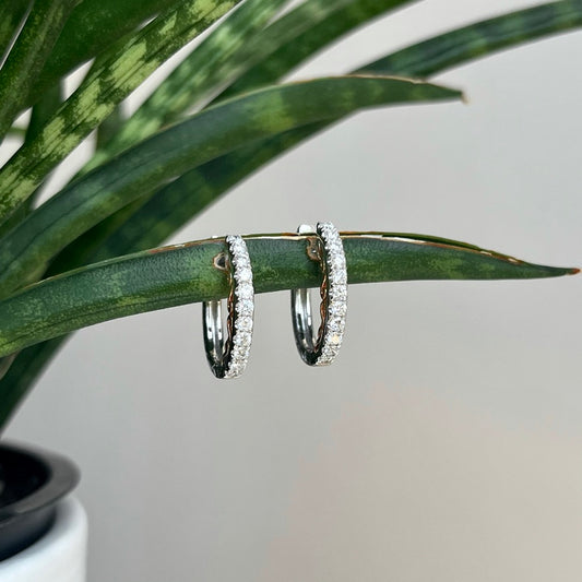 14K White and Rose Gold Straight Diamond Huggie Hoop Earrings