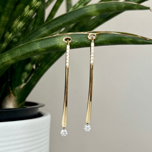 14K Gold Floating Diamond Modern Bar Drop Style Earring 37/100CTW