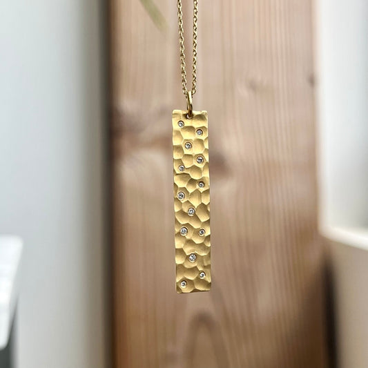 14K Yellow Gold Hammered Beveled Diamond Necklace