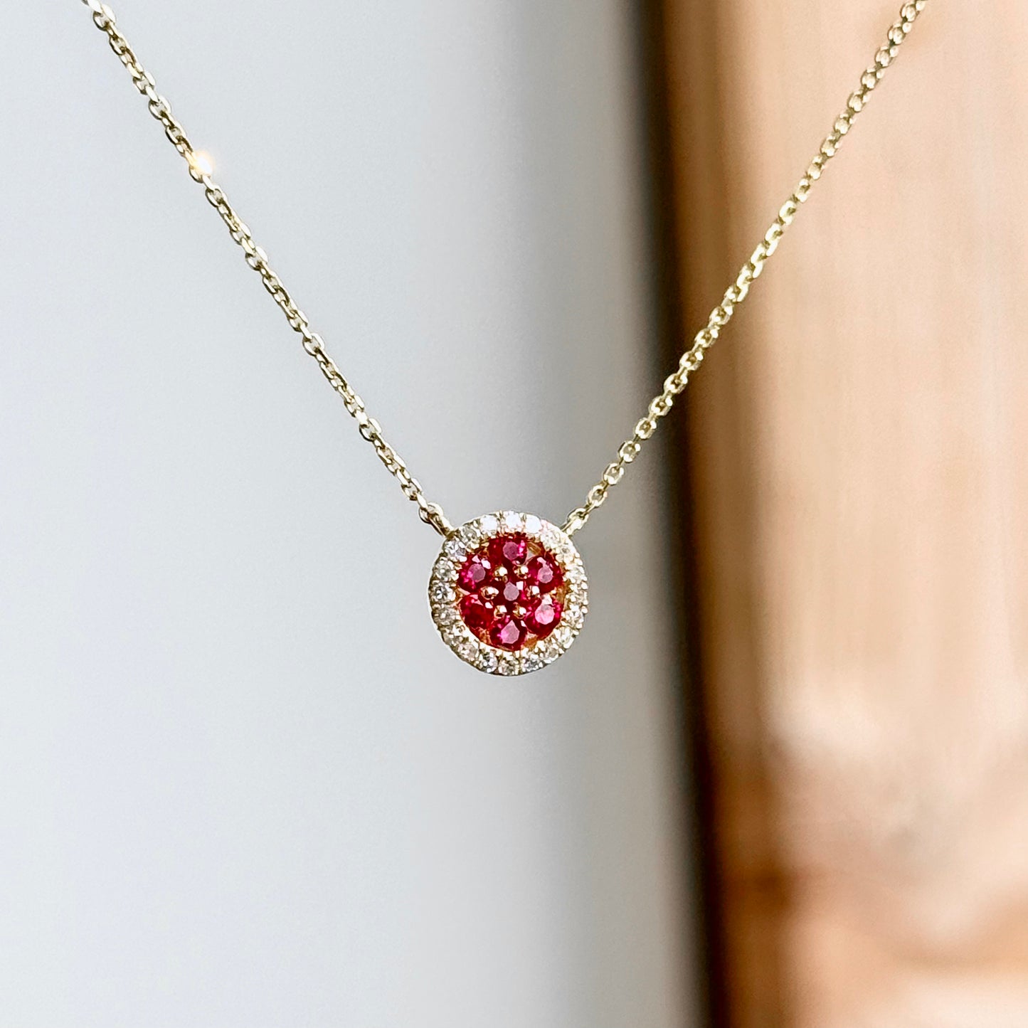 14K Yellow Gold Precious Gemstone and Diamond Halo Necklace
