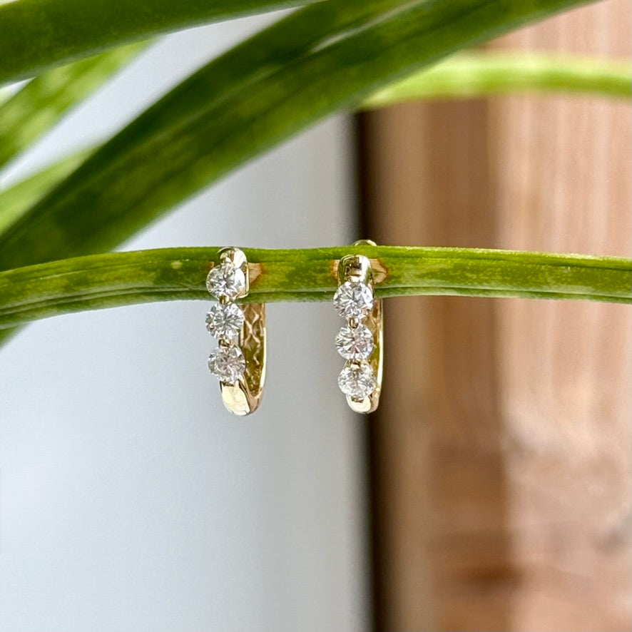 14K Yellow Gold Single Prong Diamond Huggie Hoop Earrings