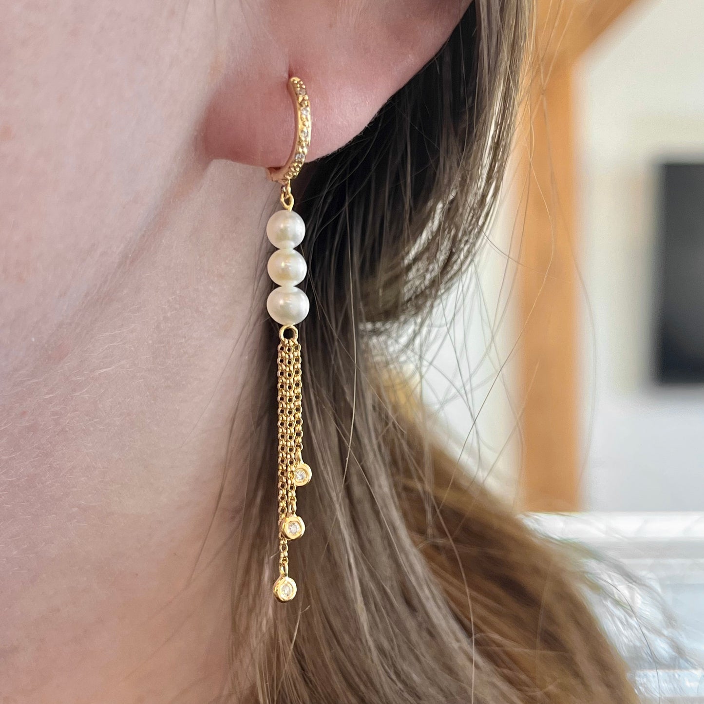 14K Yellow Gold Pearl and Diamond Dangle Earrings