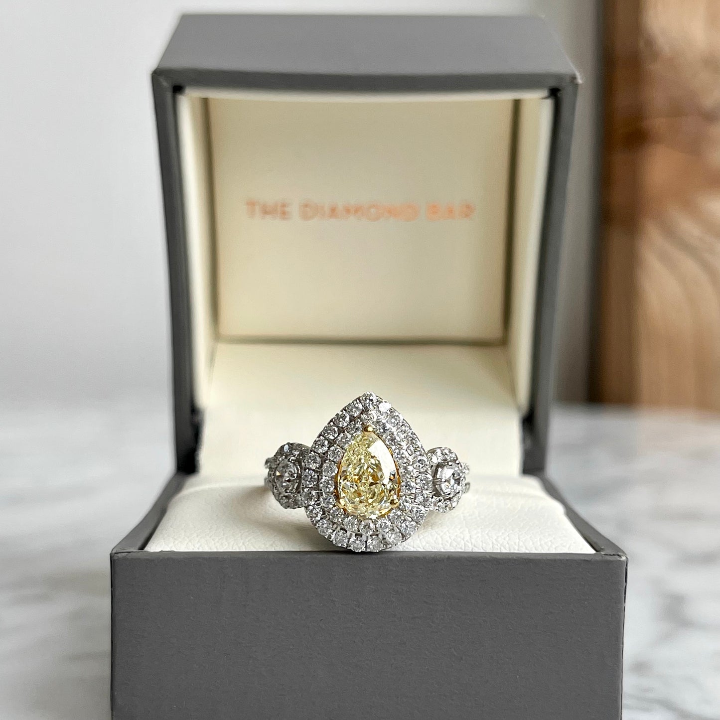 18K White Gold 1.80CTW Pear Shape Double Halo Three Stone Diamond Engagement Ring