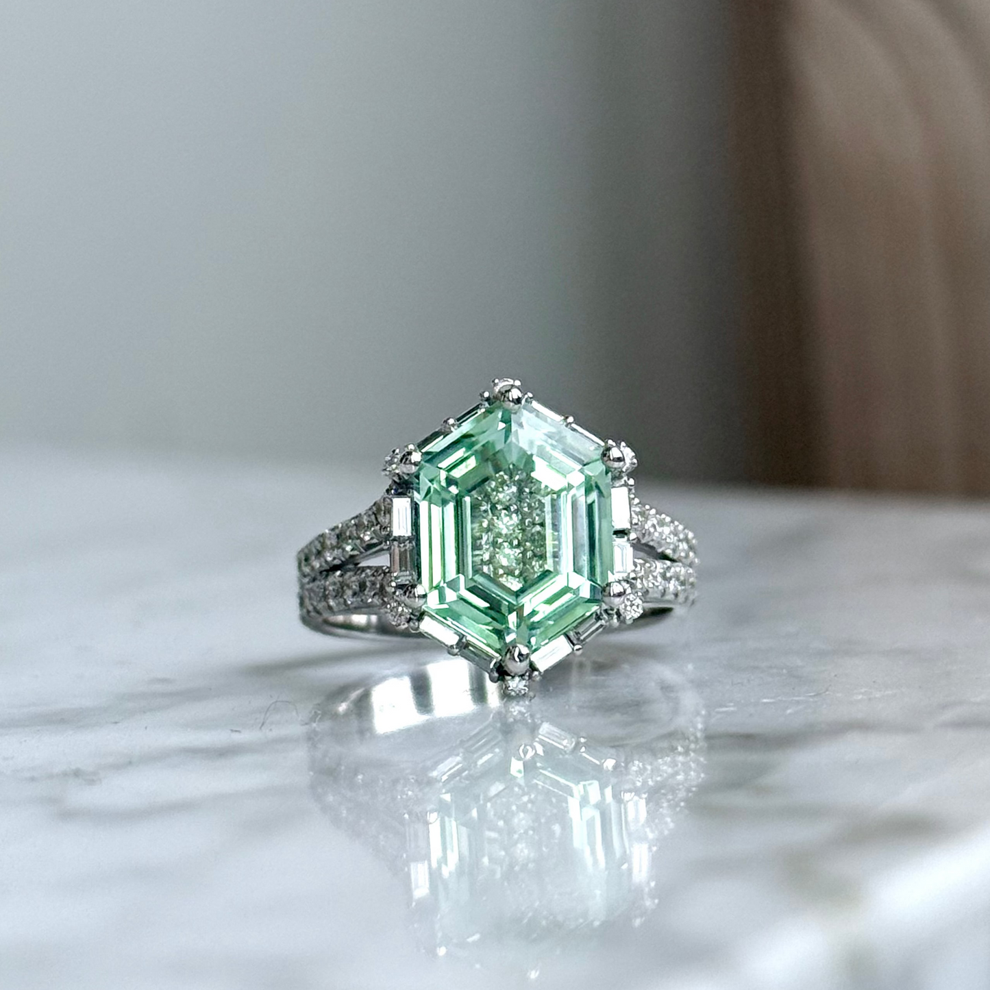 14K White Gold Mint Tourmaline "Lumineve" Diamond Halo Split Shank Ring