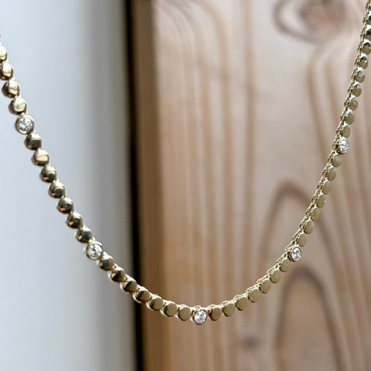 14K Yellow Gold Flat Bead Link Diamond Necklace