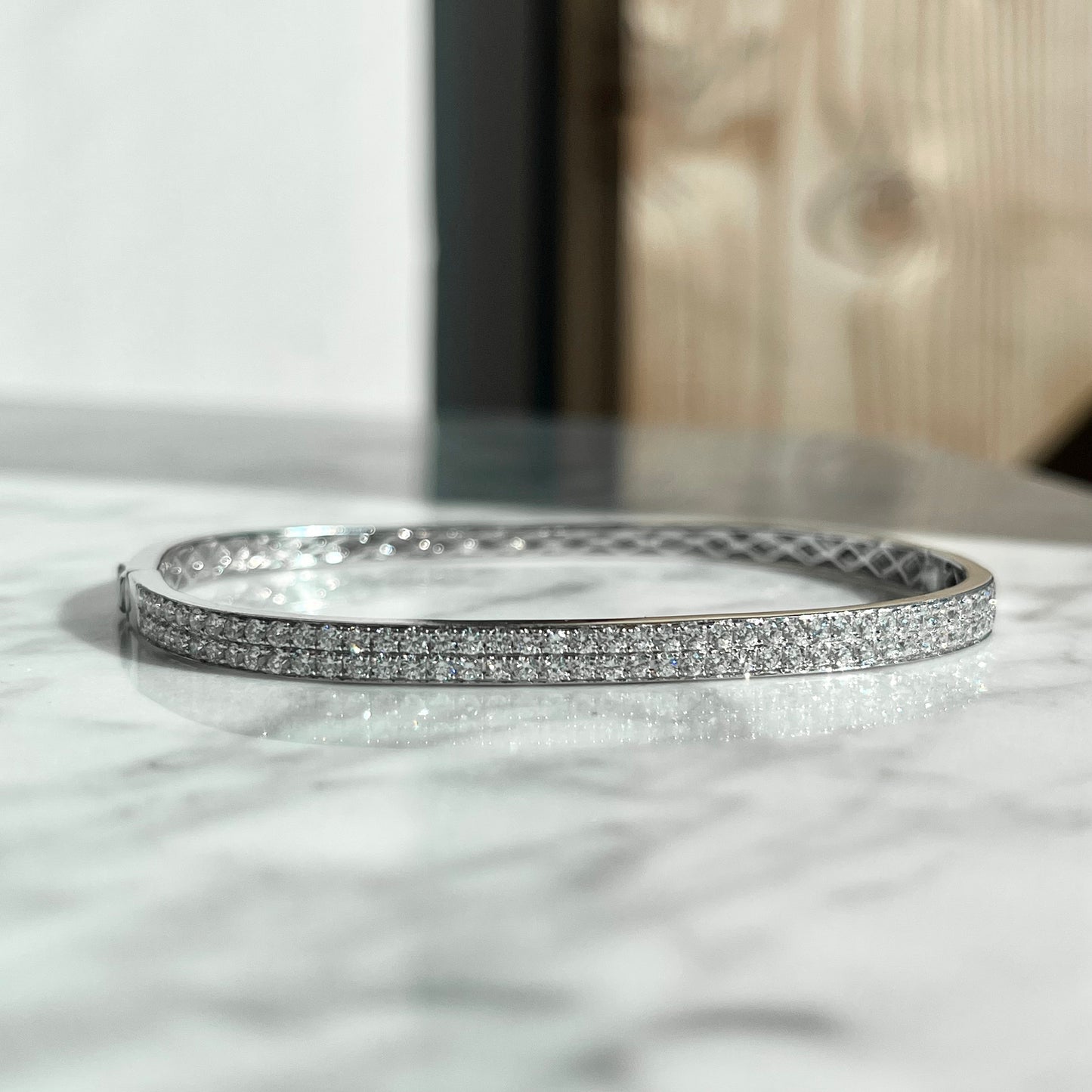 14K White Gold Double Row Diamond Square Bangle Bracelt