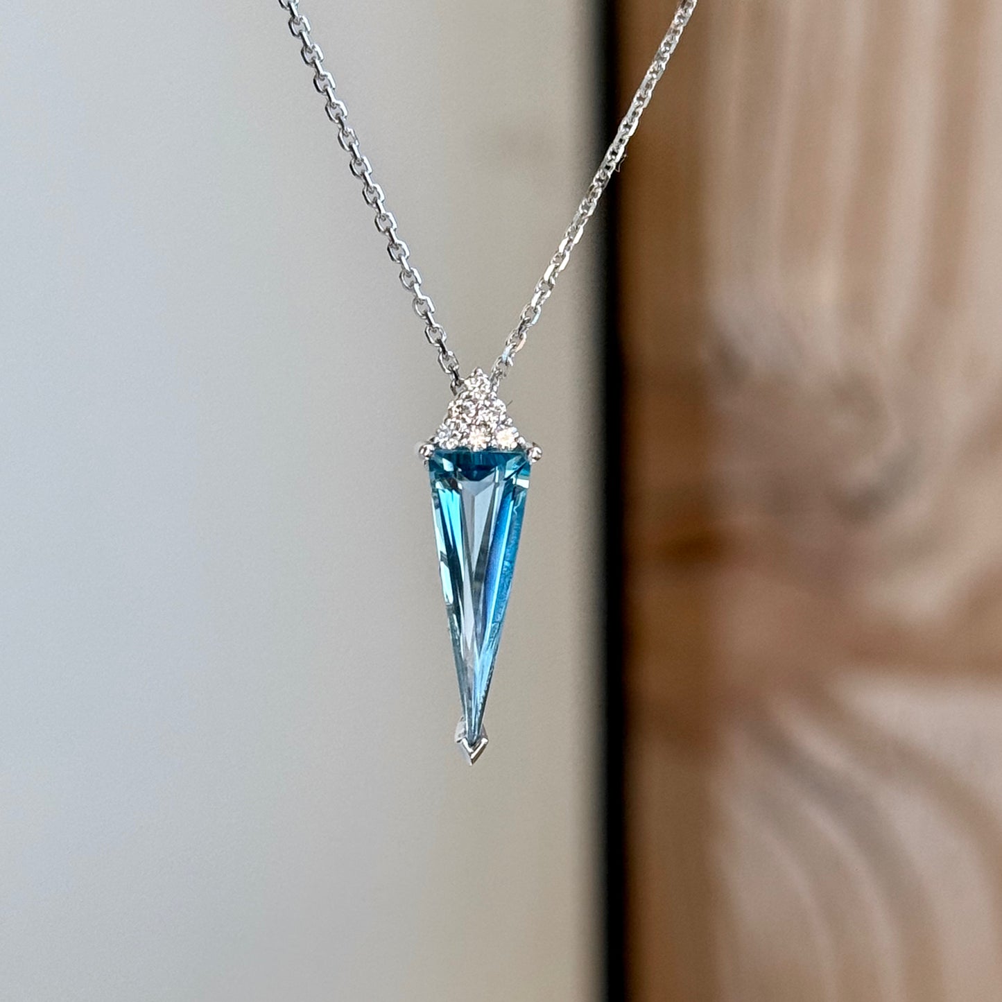 14K White Gold Blue Topaz and Diamond Trillion Necklace