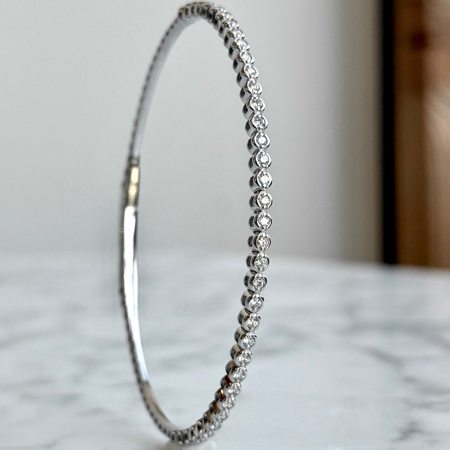 14K White Gold Half Bezel Flexible Diamond Bangle Bracelet 56/100CTW