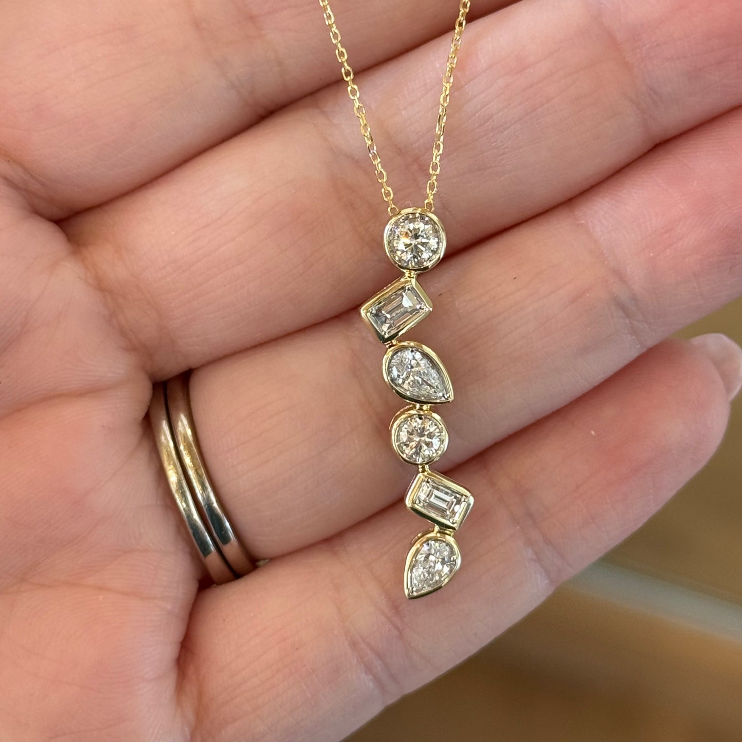 14K Yellow Gold Multi Shape Diamond Bar Necklace