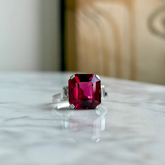 18K White Gold Rubellite Tourmaline and Diamond Three Stone Ring