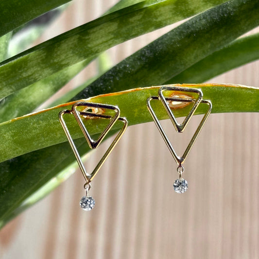 14K Yellow Gold Double Triangle Floating Diamond Earrings