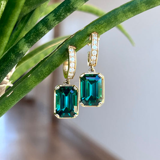 14K Yellow Gold Diamond and Tourmaline Dangle Earrings