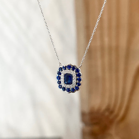 14K White Gold Sapphire and Diamond Halo Necklace 1.09CTW